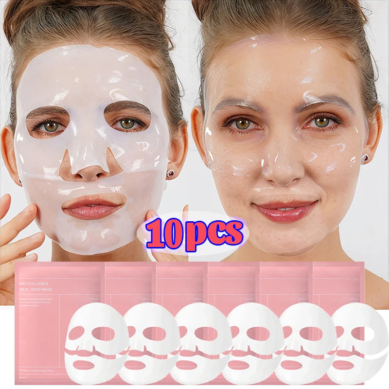 10Pcs Bio Collagen Face Mask Shrink Pores Deep Hydrating Moisturizing Split Mask Firming Nourish Brighten Facial Skin Care